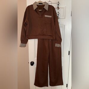 Ten 22 Women’s Brown Top and Pant Set with Plaid Lining